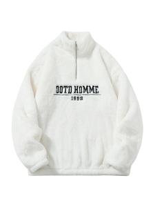 Men's Letter Embroidery Half Zip Up Sweatshirt, Casual Loose Long Sleeve Plush Pullover for Fall & Winter, Men's Clothes for Daily Wear