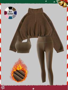 Women's Fleece-Lined Set, Cozy 3-Piece Outfits For Gym Workout Clothes, Ideal Valentine'S Gift