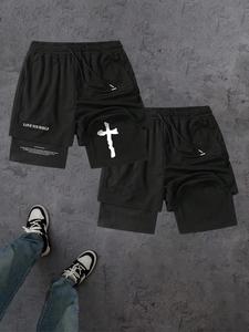 Men's Cross ＆ Letter Print 2 in 1 Shorts, Loose Casual Comfy Breathable Shorts for Daily Wear, Men's Bottoms for All Seasons