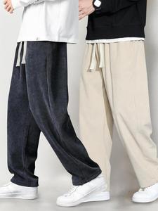 Men's Solid Drawstring Waist Corduroy Pants, Casual Comfy Straight Leg Trousers for Fall & Winter, Men's Bottoms for Daily Wear