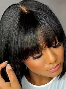 10 Inch Short Bob Wig with Bangs, 150% Density 2x3 Straight Human Hair Lace Front Wigs for Women, Gorgeous Fluffy Wigs, Wigs for Party, Daily Use