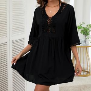 Women's V-neck Casual Vacation Blouse Loose Hedging Short-Sleeved Dress Womenswear Summer hoc o dress knitted  dress cocktail  dress