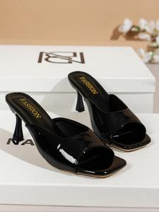 Women's Elegant Square Toe Leather Heeled Sandals, 2025 New Style Fashionable Slip on Sandals Suitable for Parties, Festivals, Weddings for Women & Girls, Footwear, Classy Sandals, Wedding Shoes