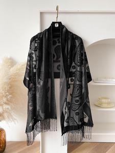 Women's Elegant Floral Embroidery Sheer Mesh Shawl, Fashionable Fringe Trim Long Scarf for Evening Party Formal Occasions, Black Elegant Boho All-match Fashion Accessories for Daily Wear