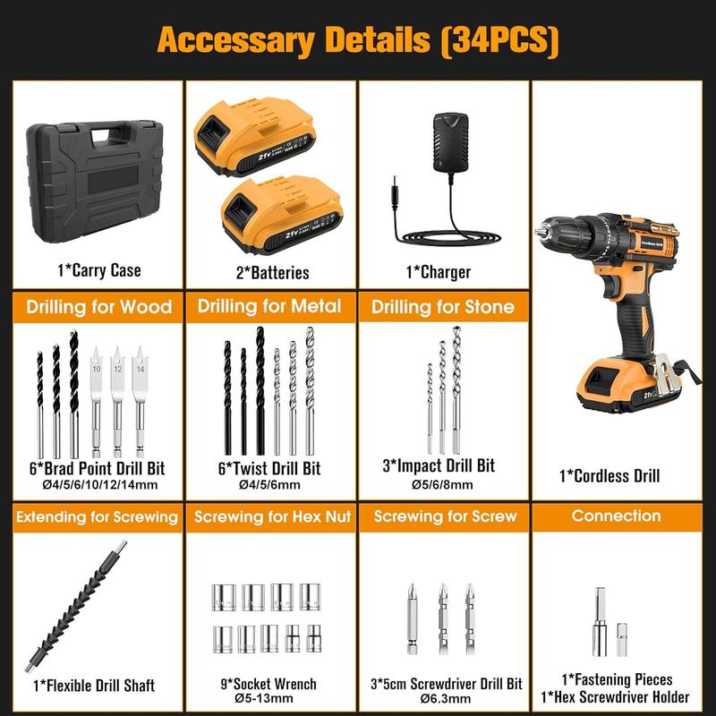 JYGMPRO Cordless Drill Driver 21V, Hammer Drill with 2 Batteries 2000mAh, 25+3 Torque, 42N.m Max Electric Drill, 30PCS Drill Bits, 2 Speed, LED Light for Home and Garden DIY Project 6