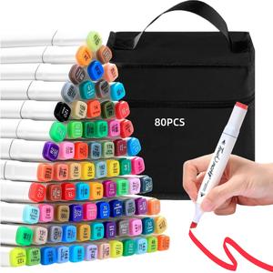 60/80 Colors Marker, 1 Set Portable Dual Tip Bullet & Chisel Art Marker Set with Bag, Art Markers Set, Crafts Art Supplies for Coloring, Drawing, Blending and Sketching