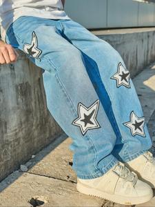 Men's Star Print Straight Leg Jeans, Loose Casual Comfy Denim Pants for Daily Wear, Fashion Loose Fit Men's Bottoms for All Seasons, Baggy Jeans for Men, Pants for Men, Oversize Trousers, Oversized Streetwear, Cotton Relaxed Fit Jeans