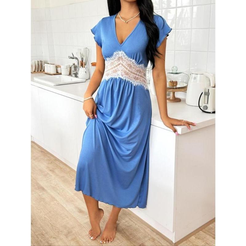 Women's Plain Contrast Lace Sheer Butterfly Sleeve Nightdress, Elegant Lettuce Trim V Neck Cap Sleeve Nightgown, Soft Comfy Sleepwear for Women 4