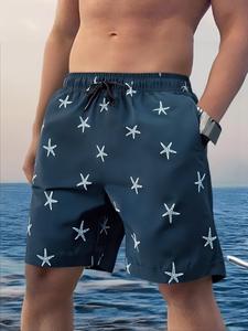 Men's All Over Print Drawstring Waist Beach Shorts, Loose Casual Comfy Swim Shorts for Summer, Men's Shorts for Beach Vacation Swimming, Clothing