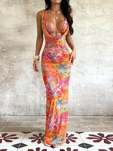 Women's All Over Print Bra & Dress Two-Piece Set, Casual Fashion Bra & Dress for Beach Holiday Vacation, Ladies Summer Clothes, Bohemian Sleeveless Dress