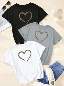 Women's Heart Print Short Sleeve Tee, Casual Round Neck T-shirt for Daily Wear, Ladies Clothes for All Seasons, Top