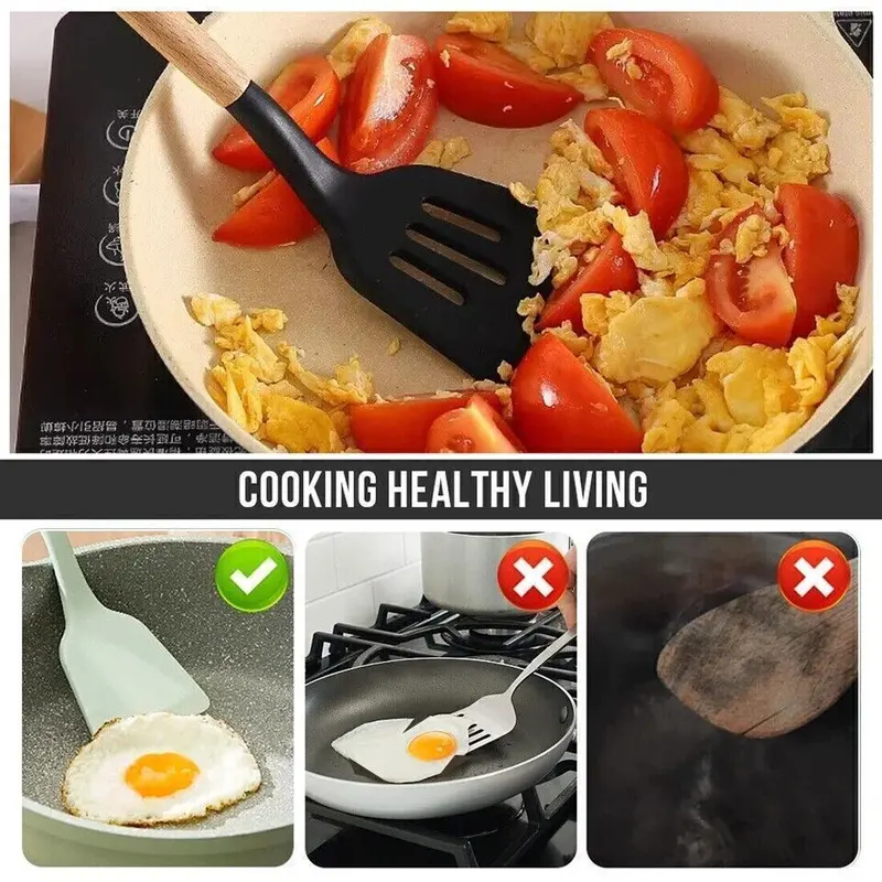 12Pcs Kitchen Utensils Set Silicone Cooking Nonstick Spatula Turner Spoon Tools with Premium Wooden Handles Easy Clean Non-Stick Black Utensils for Family Day Party Picnic 6
