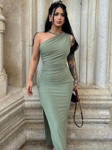 Women's Plain Ruched Split Thigh One Shoulder Evening Bodycon Dress, Elegant Asymmetrical Neck Sleeveless Long Dress for Party Club Dating Wear, Minimalist Ladies Summer Clothes, Wedding Guest Dress, Holiday Dresses, Womenswear, Elegance Formal Wear