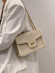 Women's Faux Pearl Decor Straw Braid Shoulder Bag, Fashionable Flap Crossbody Bag for Daily & Back To School, Casual Trendy Versatile High-quality Daily Commuting Bag