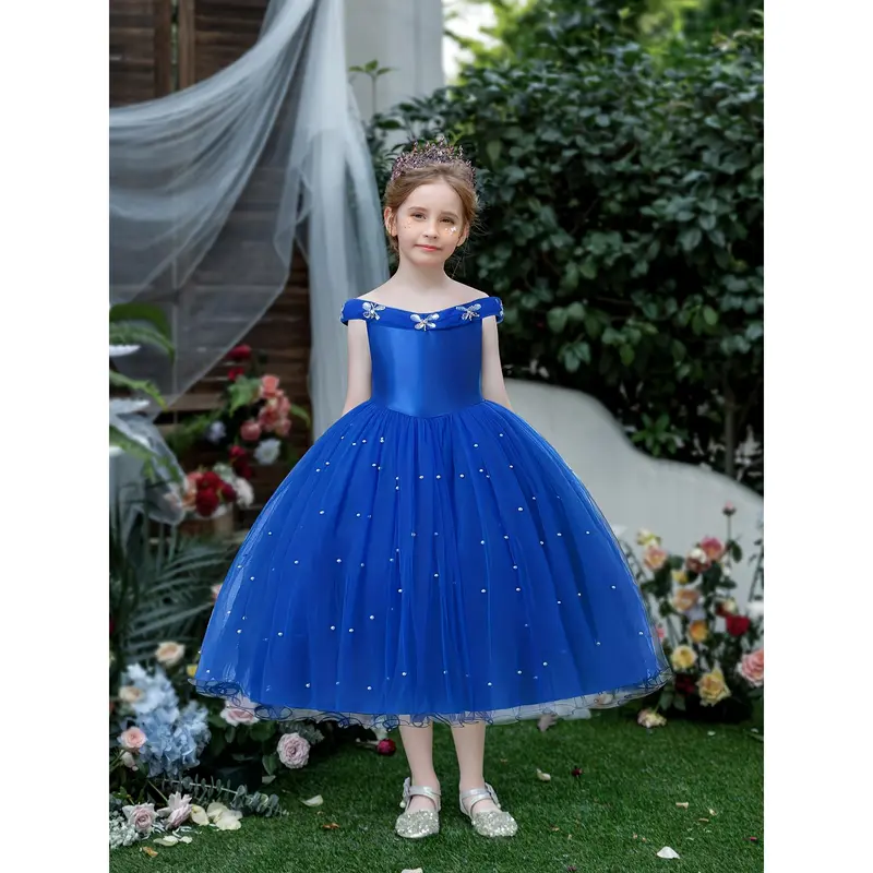 [Princess Dress | Off-Shoulder] Off-Shoulder One-Sleeve Girl's Princess Dress | Tulle with Artificial Diamonds and Pearls | for Festivals, Parties, Weddings, Flower Girl Dresses, Youngsters's Day Performances, Birthday Party Evening Gowns 5