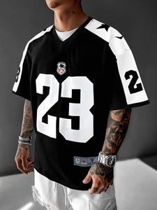 Men's Number Print Round Neck Short Sleeve T-shirt, Loose Casual Versatile Style Athletic Letter Print Graphic Tee, Street Fashion Trendy Top for Summer, Athletic Fashion Activewear, Jersey Shirt