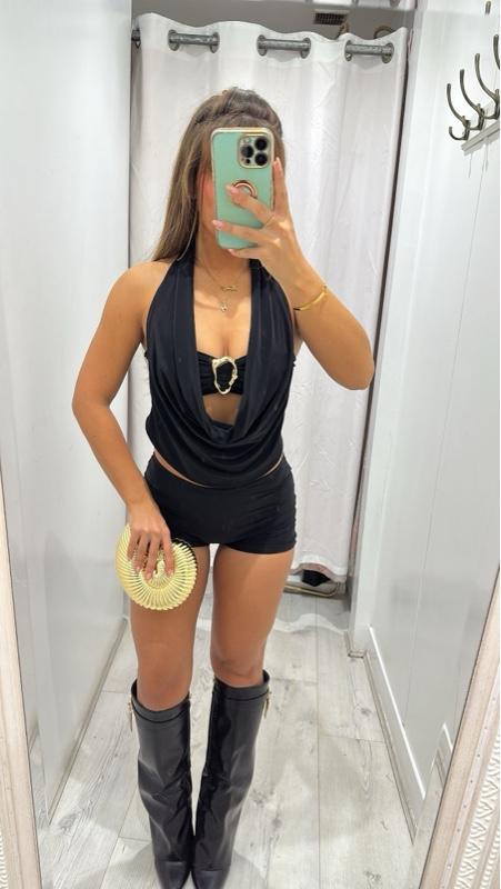 Black halter neck top with matching shorts and buckle detail, Ashton women’s set.