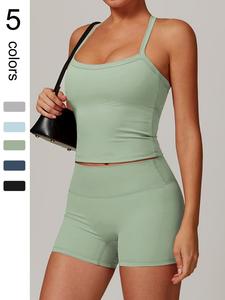 Women's Solid Color Crop Tank Top & High Waist Shorts Sportswear Set, Casual Comfy Breathable Backless Sleeveless Top & Tummy Control Butt Lifting Shorts for Yoga Gym Workout Training Running Cycling, Ladies Sweatsuit Set for All Seasons, Tracksuit