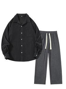 Men's Corduroy Shirt & Pants Set, Loose Casual Long Sleeve Button Front Top & Trousers, Men's Spring & Fall Clothes