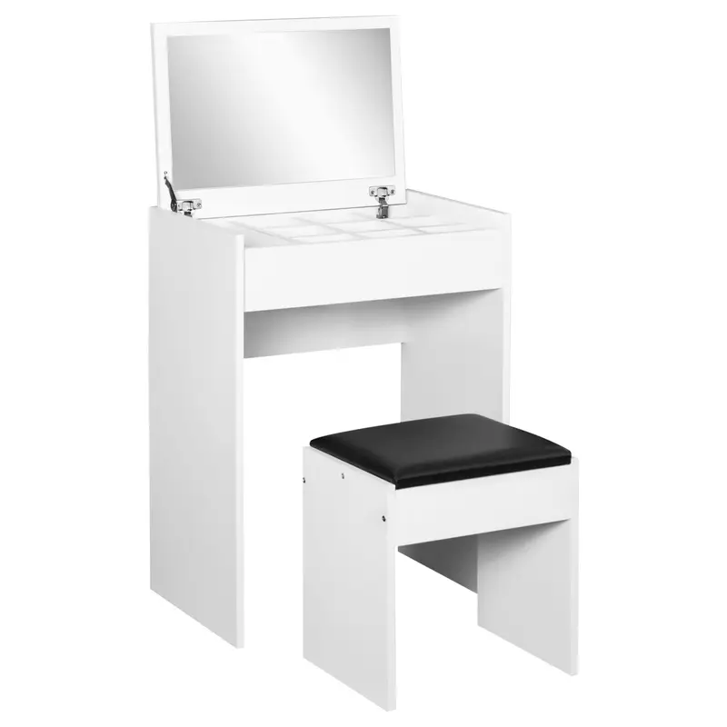 HOMCOM Dressing Table with Mirror and Stool, Vanity Makeup Table with Flip Up Mirror, Vanity Desk with Storage Unit and Padded Seat, White 0