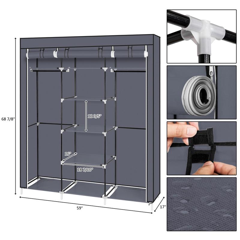 Portable Clothes Closet Non-Woven Fabric Wardrobe Double Rod Storage Organizer - Gray Racks 1