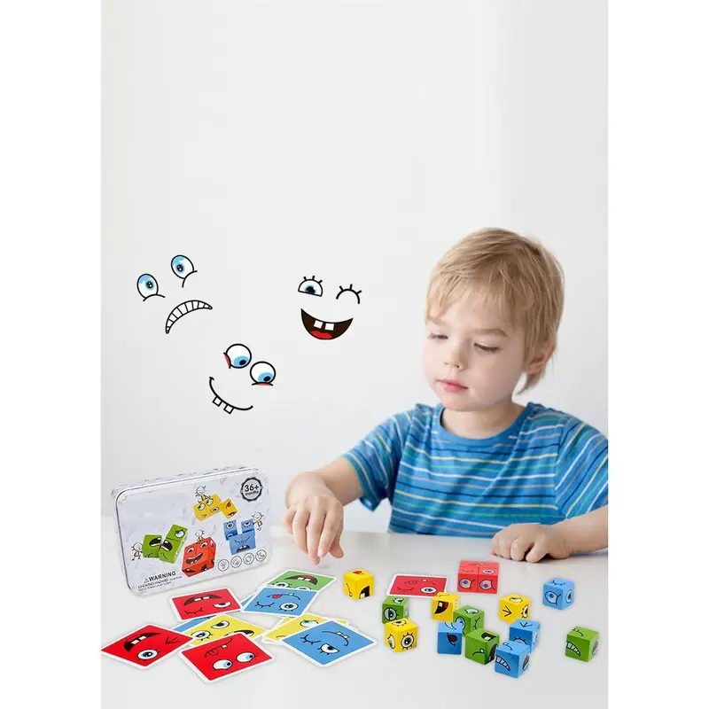Cube Face Change Building Blocks Board Game Wood Puzzle Montessori Expression Wooden Blocks Blocos For Children Kids Toys Gift 6