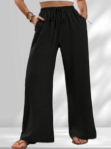 Plus Size Drawstring Waist Wide Leg Pants, Casual Pocket High Waist Trousers for Women, Women Plus Clothing for Summer