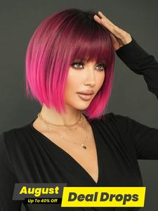 12 Inch Rose Quartz Ombre Color Machine Made Glueless Synthetic Wig, Short Straight Synthetic Hair Wigs for Women, Gifts for Wife, Gorgeous Fluffy Synthetic Material Wigs with Bangs, Synthetic Full Machine Beginner Friendly Wig for Party, Daily Use