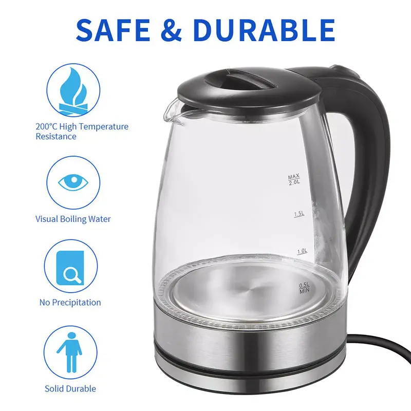 2025 New, 1.8L Blue Light Boiling Electric Kettle - Food grade stainless steel, fast boiling and safe - Multifunctional, can be used for making tea, coffee, very suitable for British kitchens - Durable, easy to use high borosilicate glass electric kettle 6