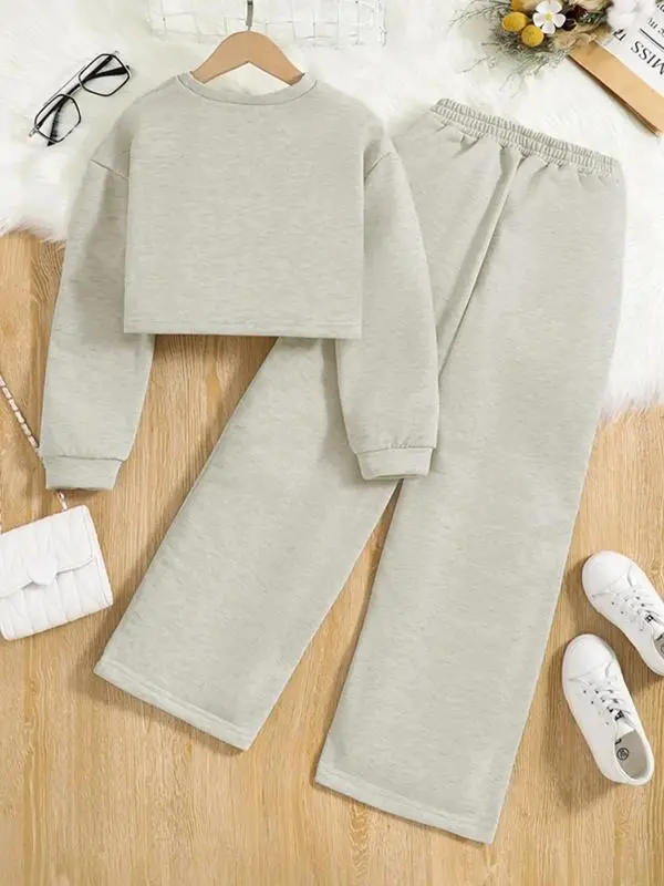 2025 new hot-selling girls' round neck short sweatshirt and loose waist pants set gift, dignified temperament back to school outfit, solid color long-sleeved top and wide-leg pants, unique 6