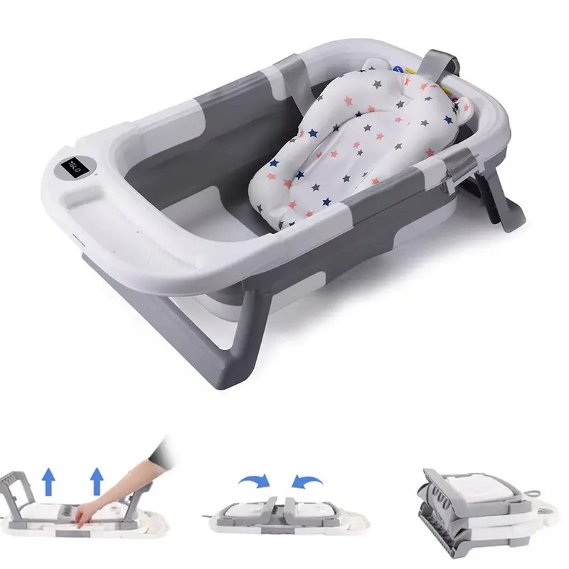 Foldable Baby Bath Tub Ergonomic with Temperature & Cushion Bath Pad + Bath Net 4