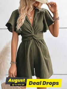 Women's Woven Twist Butterfly Sleeve Romper, Fitted Casual Minimalist Basic Breathable V Neck Wide Leg Jumpsuit, Chic Shortsleeve Romper, Ladies Summer Clothes for Daily Wear, Lightweight Womenswear