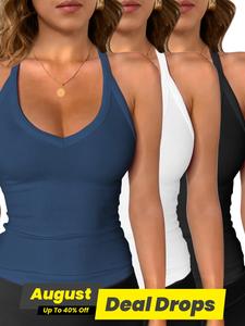 Women's Solid V Neck Ribbed Tank Top, Casual Sleeveless Slim Top for Daily Wear, Ladies Clothes for All Seasons, Athletic Activewear