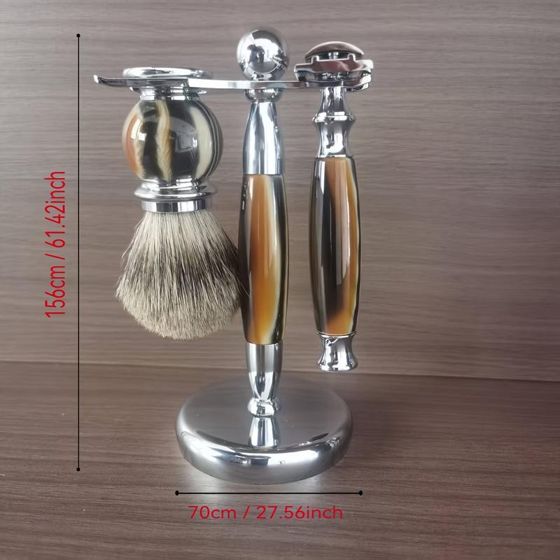 Good Oasis  A Pack of 3 Premium Shaving Items: Razor, Badger Hair Brush, and Metal Stand. Great for Flawless Beard and Mustache Grooming, Enabling Sleek Shaving and a Smooth Finish to Enhance Your Beard Styling Game. 3