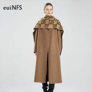 [euiNFS] Wool Belted Coat with Detachable Shawl — Minimalist Luxe Outerwear｜Elegant Camel Overcoat【E463100】