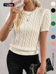 Women's Plain Tops, Crew Neck Sweater Pullover, Casual Short Sleeve Jumper for Daily Outings, Ladies Knitwear for All Seasons