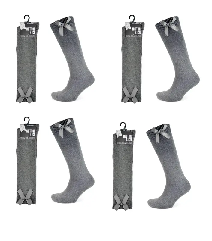 3 Pairs Girls Knee High School Socks with Ribbon Bow, Grey Cotton Rich Elastane Back to School Socks 1