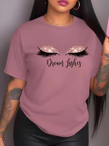 Women's Letter & Eye Print Drop Shoulder Crewneck Casual Comfy Tee, Fashion Short Sleeve Round Neck Graphic Print T-shirt for Daily Outdoor Wear, Apparel, Ladies Clothes for All Seasons, Tops for Women Uk, Tshirt, Womenswear