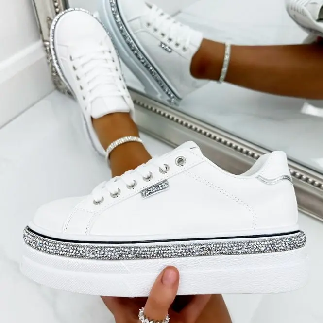 Lemonade Sparkly Wedge Trim Trainers White