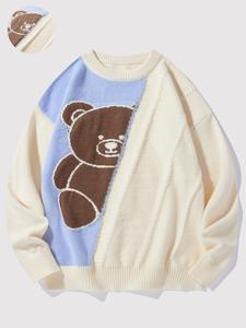 Men's Cartoon Bear Print Crew Neck Sweater, Regular Fit Casual Long Sleeve Jumper for Fall & Winter, Fashion Men's Knitwear for Daily Wear