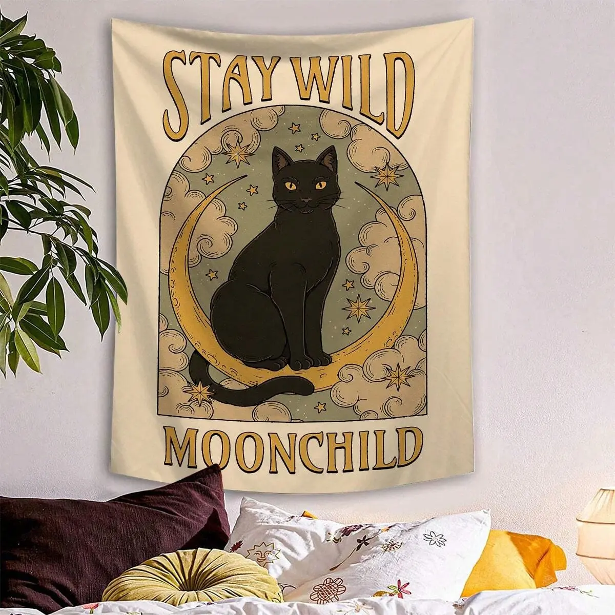Black Cat & Moon Printed Wall Tapestry, Polyester Hanging Decor for Living Room, Bedroom, Office, Party, Includes Hanging Hardware, Rectangular Room Flag
