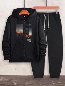 Two-Piece Set Men's Letter Graphic Zip Up Hooded Sweatshirts & Sweatpants Set, Regular Fit Kangaroo Pocket Long Sleeve Drawstring Hoodie & Drawstring Waist Pants, Men Two-piece Outfits