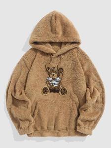 Men's Cartoon Bear  Embroidery Drawstring Pocket Fuzzy Hoodie, Casual Loose Long Sleeve Hooded Sweatshirt for Fall & Winter, Men's Clothes for Daily Wear