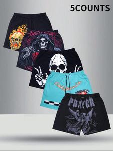 Men's Skull & Letter Print Shorts, Casual Comfy Breathable Shorts for Summer, Men's Shorts for Daily Wear, Halloween