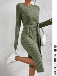 Women's Solid Belted Split Ribbed Bodycon Dress, Casual Long Sleeve Round Neck Midi Dress for Spring & Fall, Women's Clothing for Daily Wear