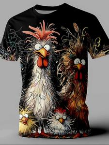 Men's Cartoon Rooster Print Round Neck Tee, Regular Fit Casual Short Sleeve T-shirt, Men's Summer Top for Daily Wear, Tropical