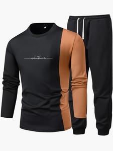 Two-Piece Set Men's Colorblock Letter Print Tee & Drawstring Waist Pants, Round Neck Long Sleeve T-Shirt & Sweatpants, Men Clothes Set for Spring & Fall