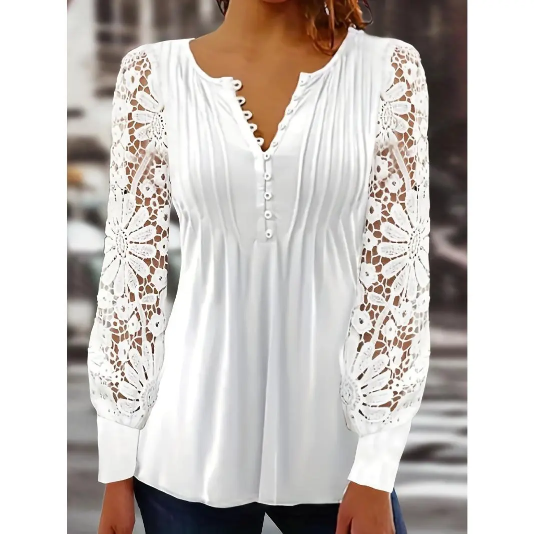 Lace Contrast Pleated Front T-Shirt, Button V Neck Long Sleeve T-Shirt, Casual Every Day Tops, Women's Clothing
