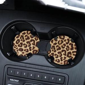 Leopard-Print Car Coaster, Round Anti-slip Heat Insulation Car Cup Holder Pad, Car Interior Decoration Accessories for Women & Men