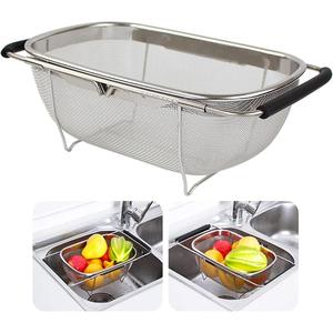 Stainless Steel Over The Sink Colander Strainer Basket, 1 Count Kitchen Sink Vegetable Drain Basket with Rubber Grip, Large Kitchen Gadgets Tools, Kitchenware, Utensils